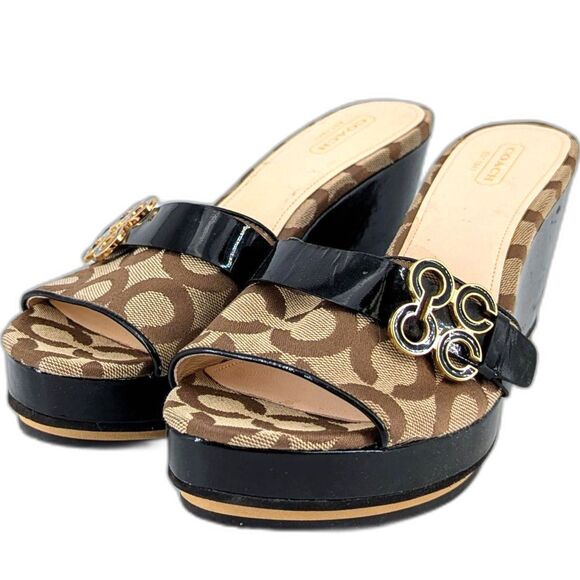 Coach Geri Signature Op Art Canvas Brown Wedge Sandals - Size 9 - Picture 1 of 6